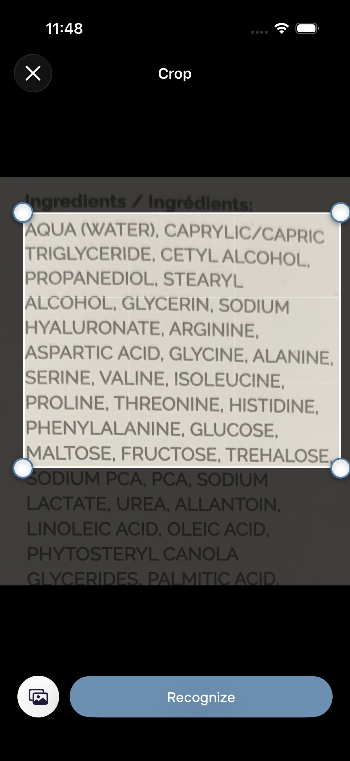 Scanning an ingredient list
